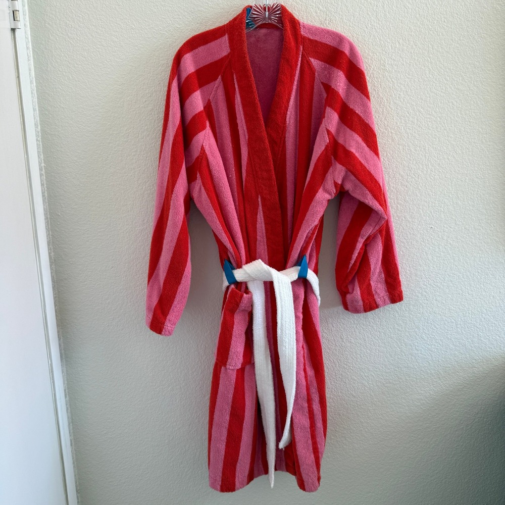 IKEA Red Pink Striped Terry Cloth Bathrobe Women M/L Long Sleeve Belted Robe